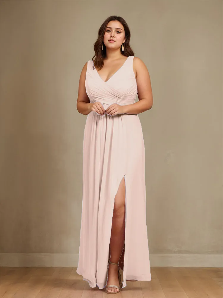 Sleeveless Slit Straps Chiffon Plus Size Bridesmaid Dress