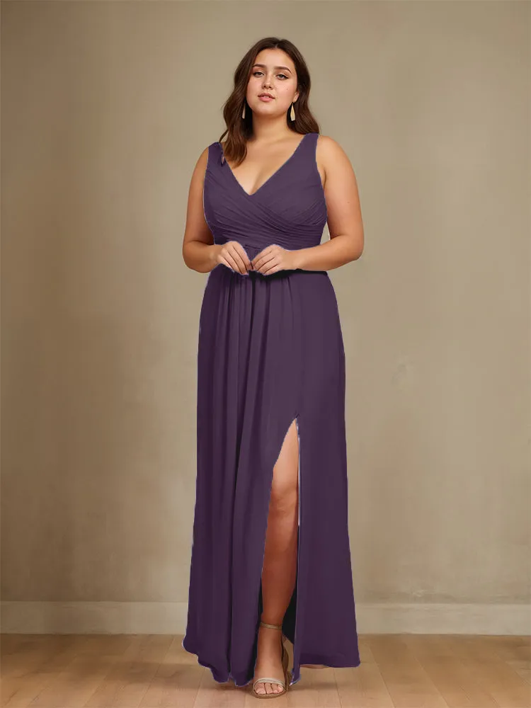 Sleeveless Slit Straps Chiffon Plus Size Bridesmaid Dress