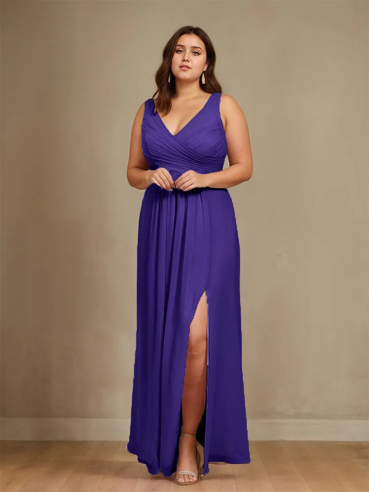 Sleeveless Slit Straps Chiffon Plus Size Bridesmaid Dress