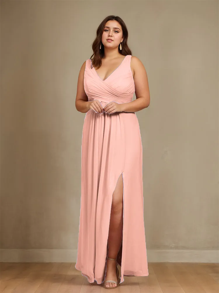 Sleeveless Slit Straps Chiffon Plus Size Bridesmaid Dress
