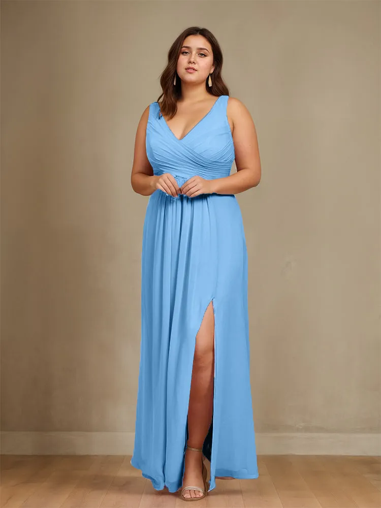 Sleeveless Slit Straps Chiffon Plus Size Bridesmaid Dress