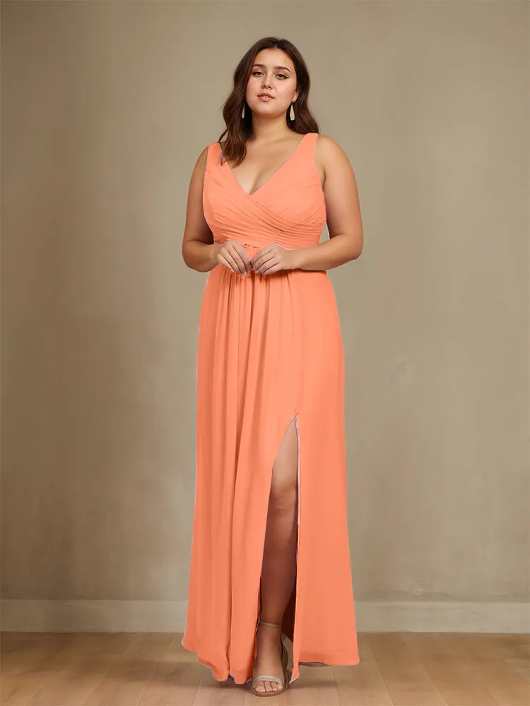 Sleeveless Slit Straps Chiffon Plus Size Bridesmaid Dress
