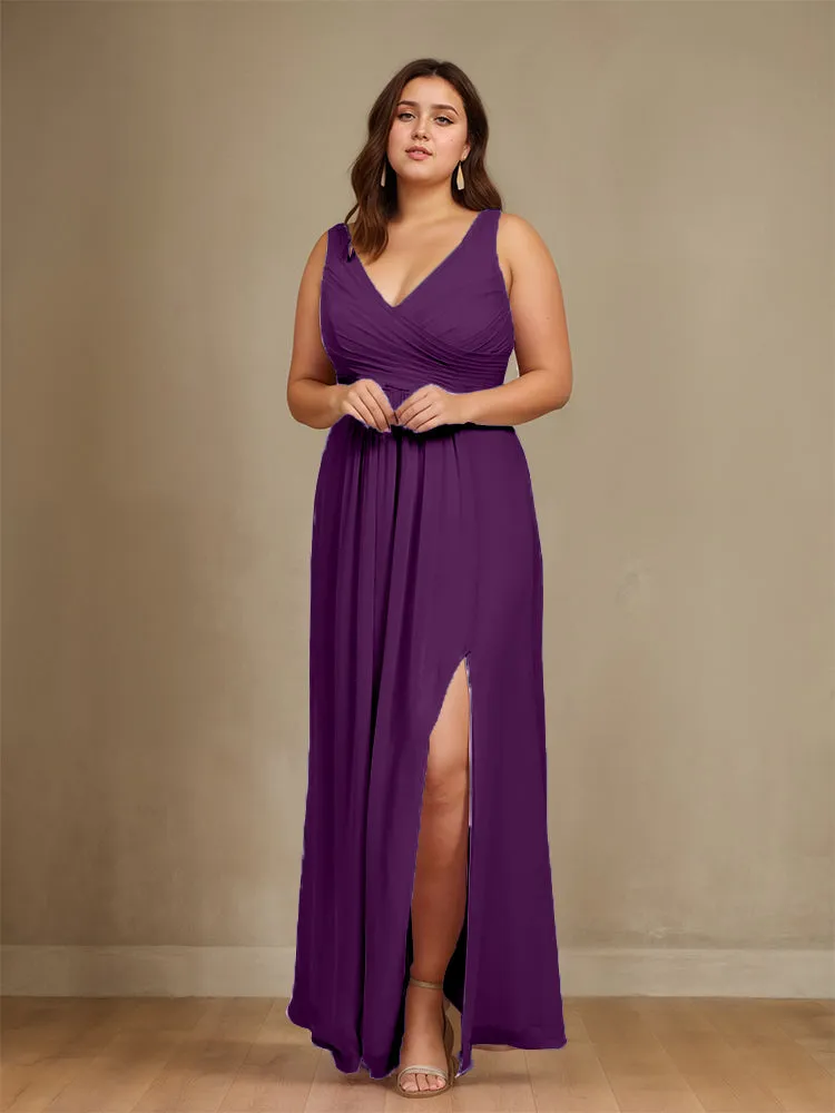 Sleeveless Slit Straps Chiffon Plus Size Bridesmaid Dress