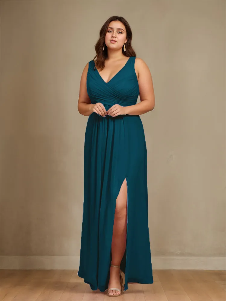 Sleeveless Slit Straps Chiffon Plus Size Bridesmaid Dress