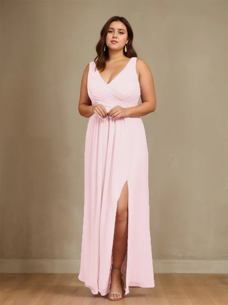 Sleeveless Slit Straps Chiffon Plus Size Bridesmaid Dress