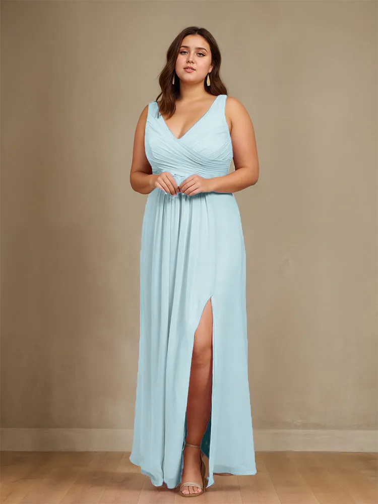 Sleeveless Slit Straps Chiffon Plus Size Bridesmaid Dress