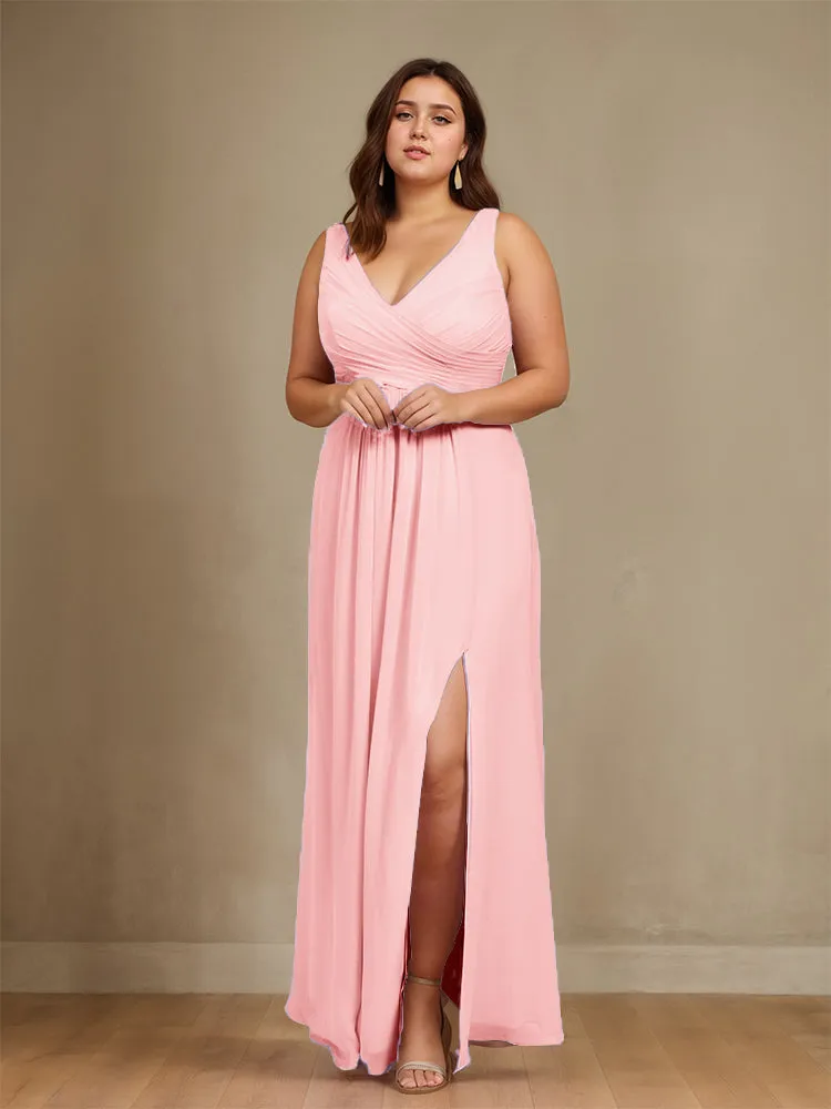 Sleeveless Slit Straps Chiffon Plus Size Bridesmaid Dress