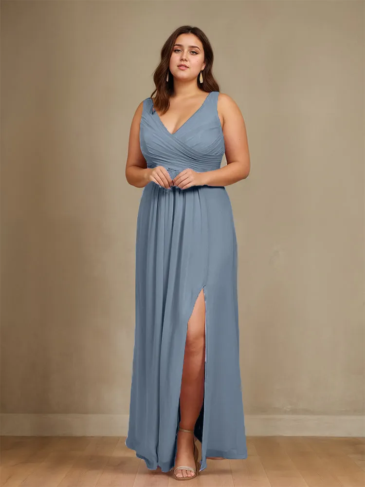 Sleeveless Slit Straps Chiffon Plus Size Bridesmaid Dress