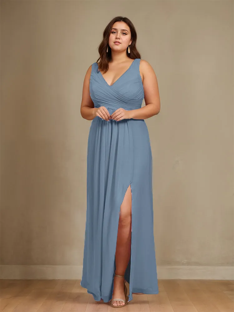 Sleeveless Slit Straps Chiffon Plus Size Bridesmaid Dress