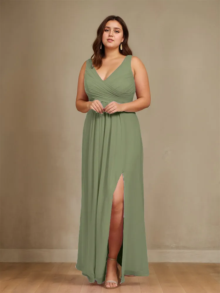 Sleeveless Slit Straps Chiffon Plus Size Bridesmaid Dress