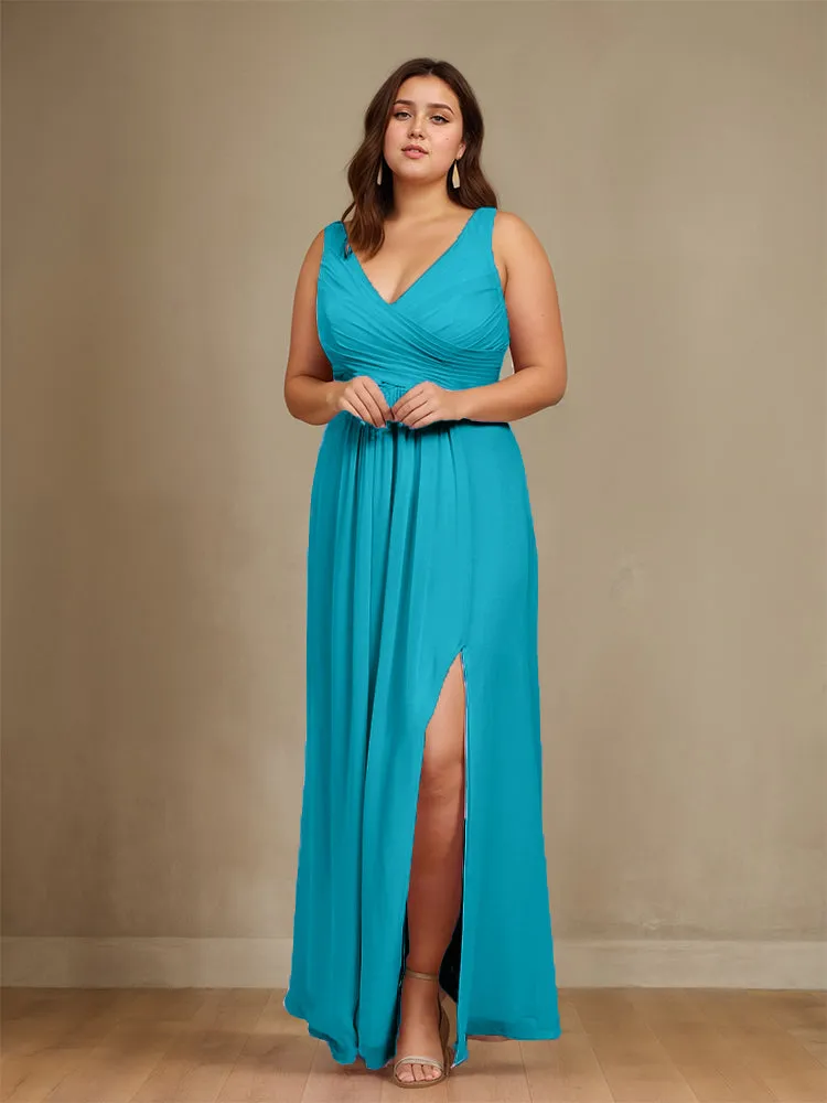 Sleeveless Slit Straps Chiffon Plus Size Bridesmaid Dress