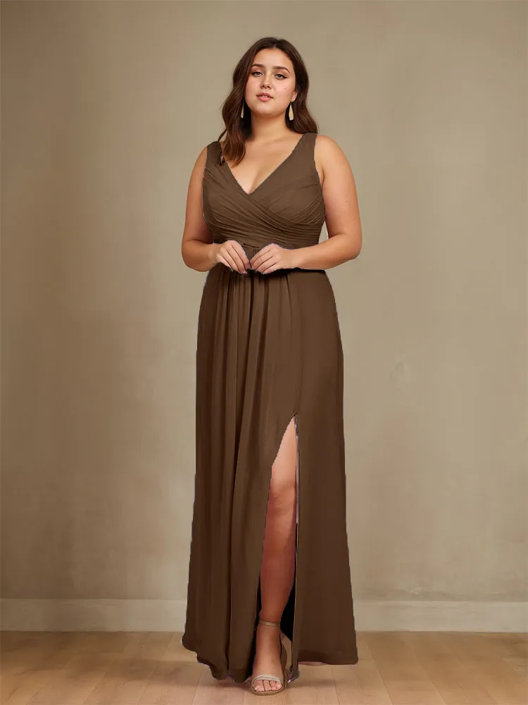 Sleeveless Slit Straps Chiffon Plus Size Bridesmaid Dress