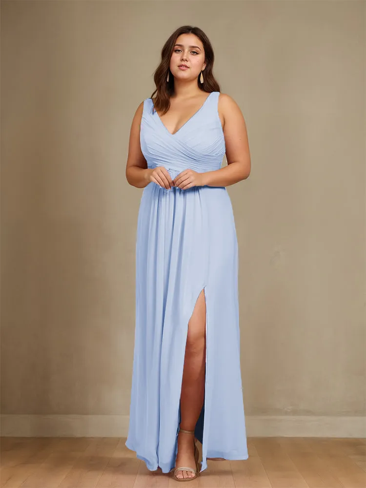 Sleeveless Slit Straps Chiffon Plus Size Bridesmaid Dress