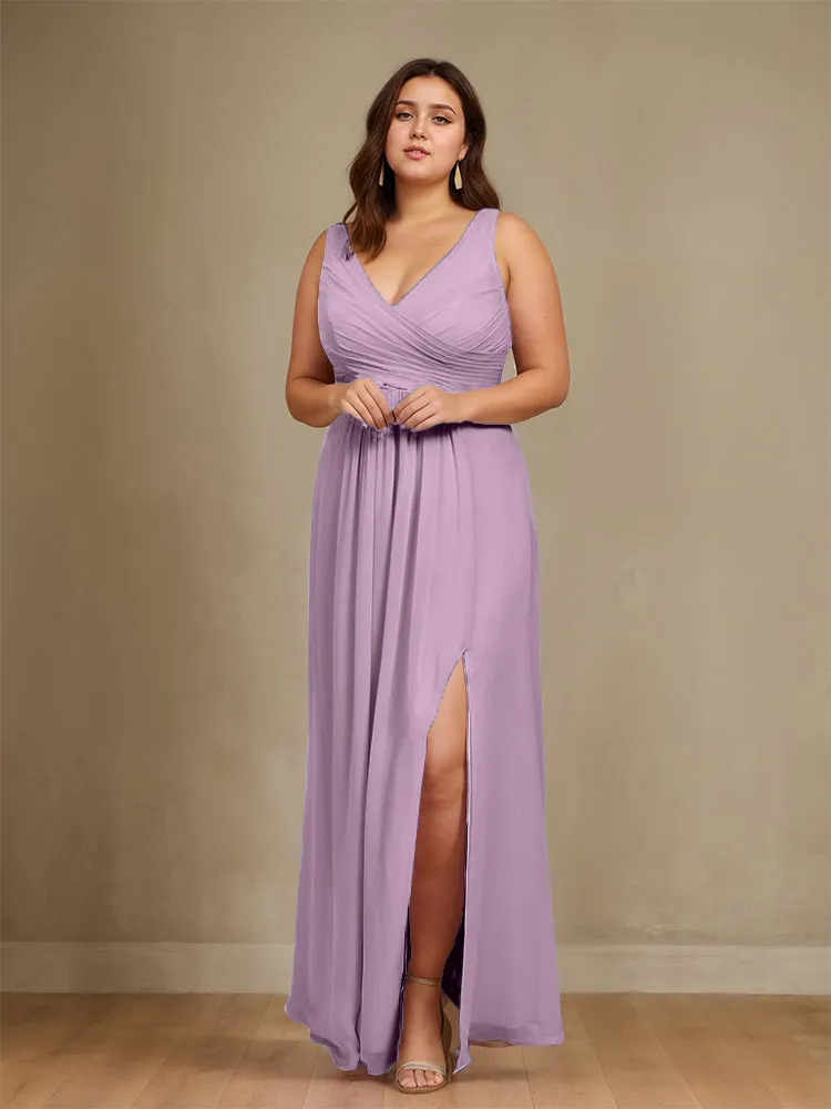 Sleeveless Slit Straps Chiffon Plus Size Bridesmaid Dress