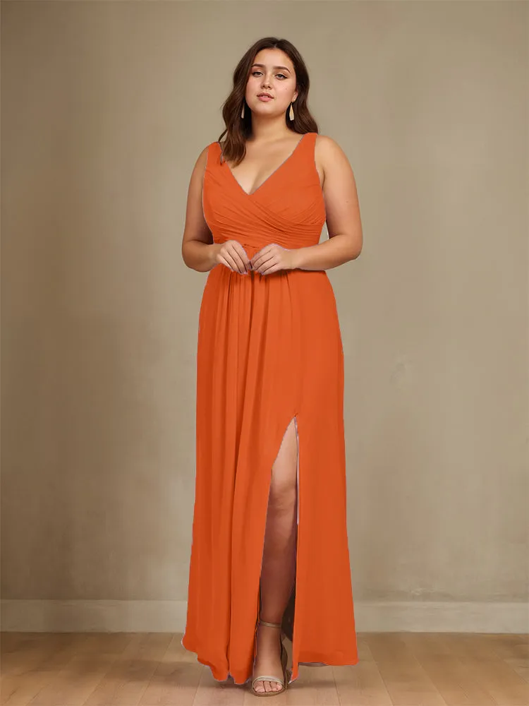 Sleeveless Slit Straps Chiffon Plus Size Bridesmaid Dress