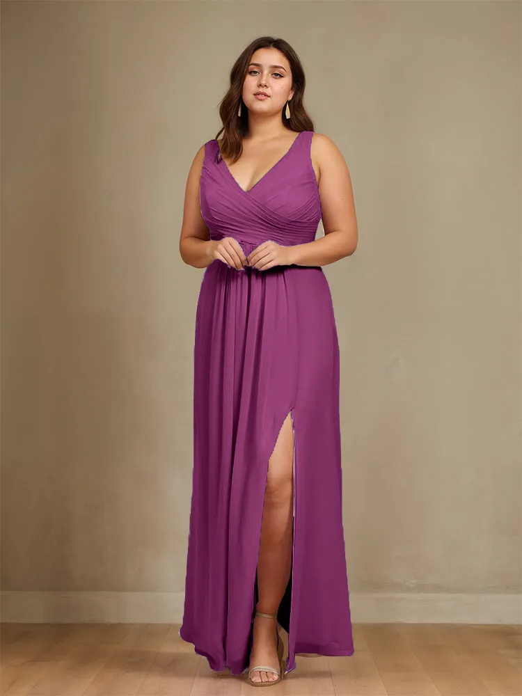 Sleeveless Slit Straps Chiffon Plus Size Bridesmaid Dress