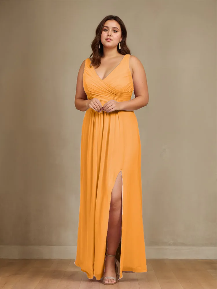 Sleeveless Slit Straps Chiffon Plus Size Bridesmaid Dress