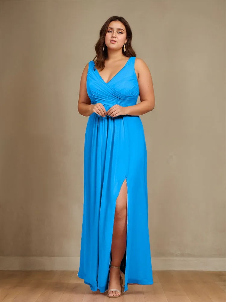 Sleeveless Slit Straps Chiffon Plus Size Bridesmaid Dress
