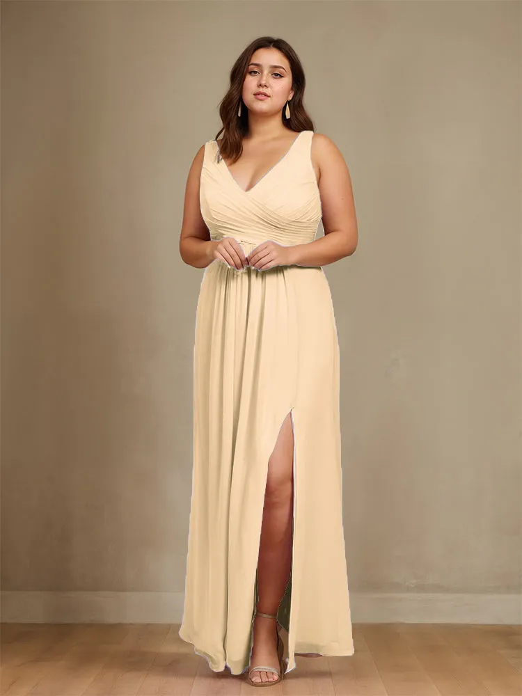 Sleeveless Slit Straps Chiffon Plus Size Bridesmaid Dress