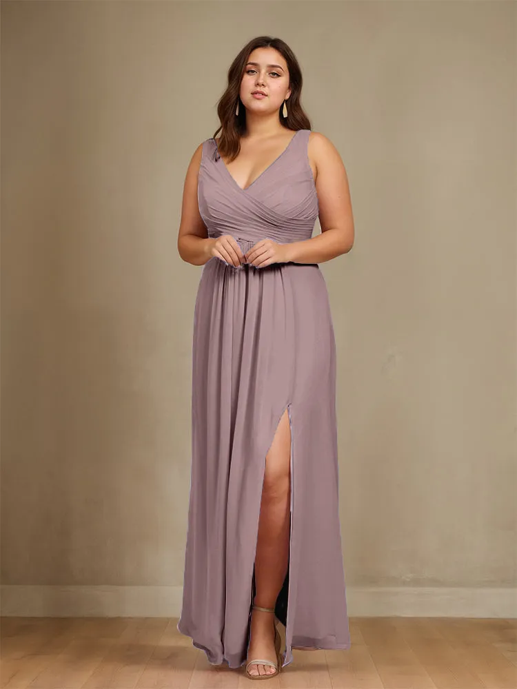 Sleeveless Slit Straps Chiffon Plus Size Bridesmaid Dress