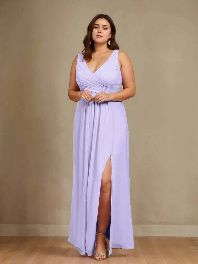 Sleeveless Slit Straps Chiffon Plus Size Bridesmaid Dress
