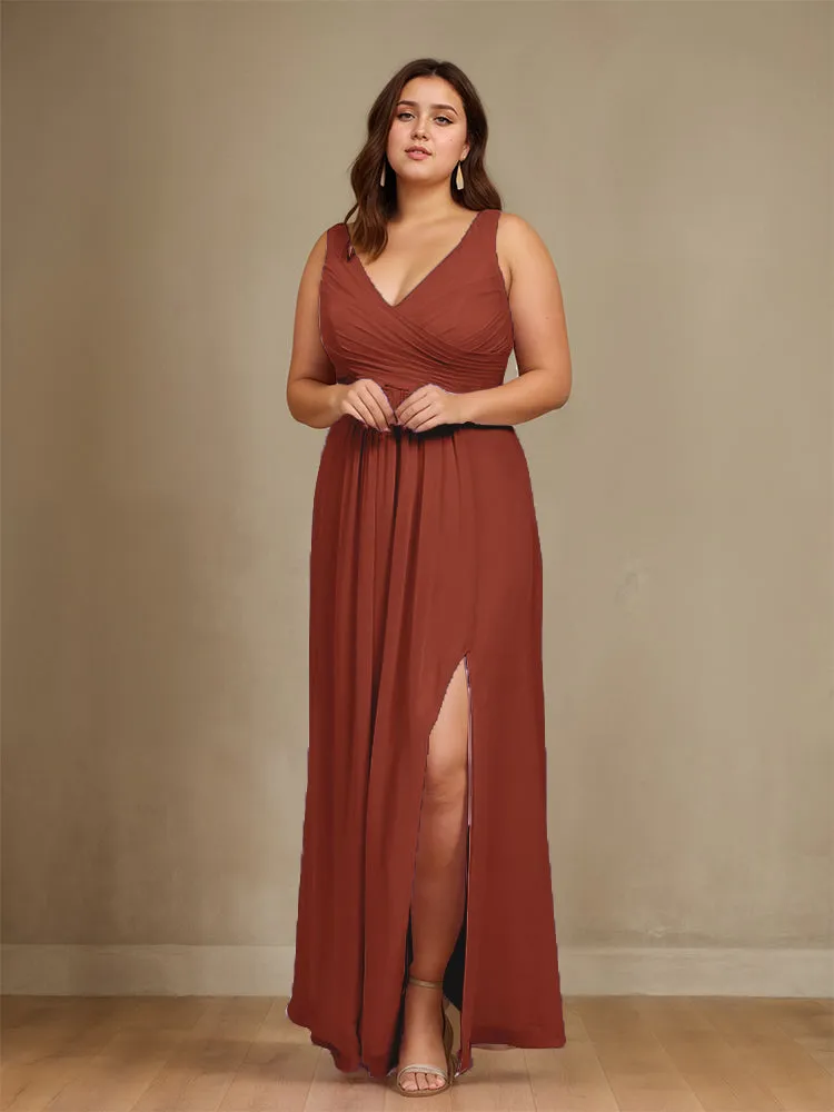 Sleeveless Slit Straps Chiffon Plus Size Bridesmaid Dress