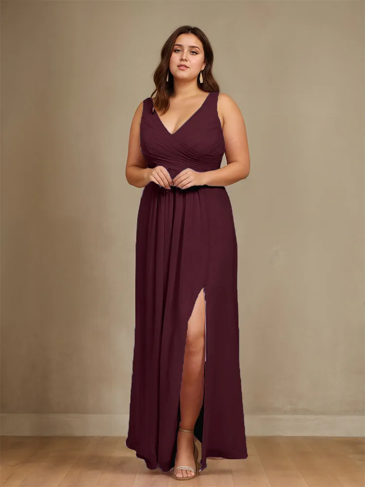 Sleeveless Slit Straps Chiffon Plus Size Bridesmaid Dress