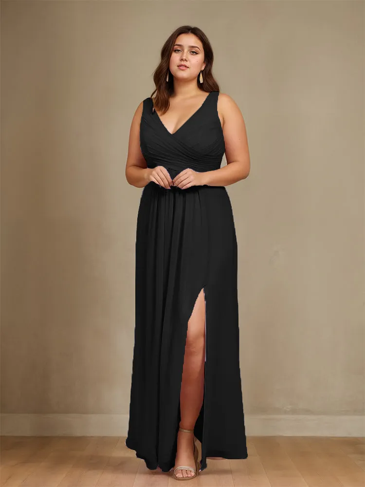 Sleeveless Slit Straps Chiffon Plus Size Bridesmaid Dress