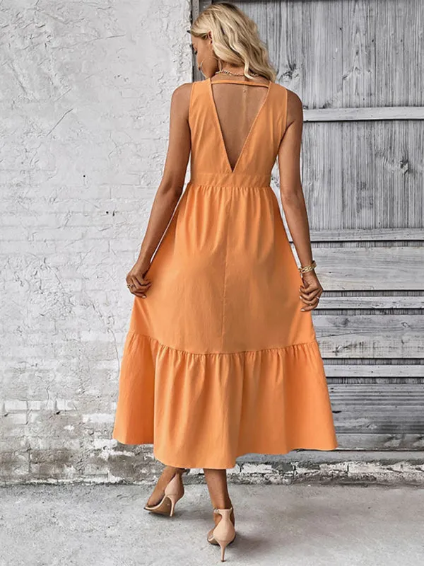Sleeveless V-Neck Button-Down Midi Dress with Tiered Ruffle