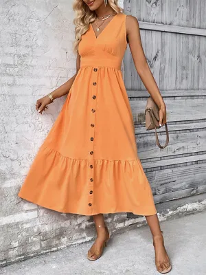 Sleeveless V-Neck Button-Down Midi Dress with Tiered Ruffle