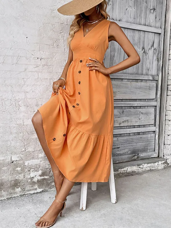 Sleeveless V-Neck Button-Down Midi Dress with Tiered Ruffle