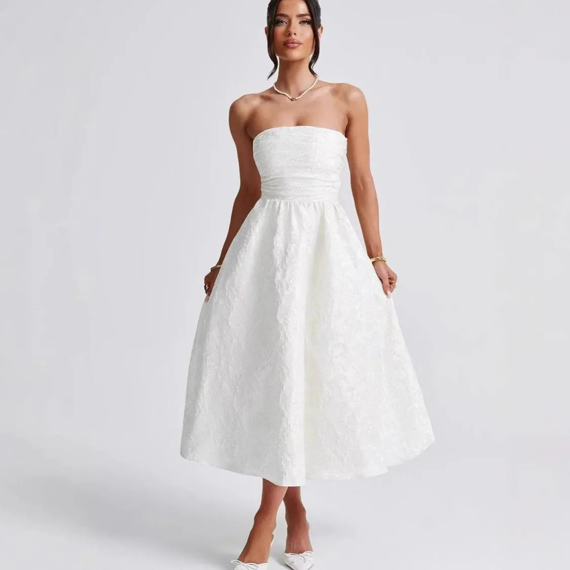 Slim Fit Jacquard Satin Bandeau Dress