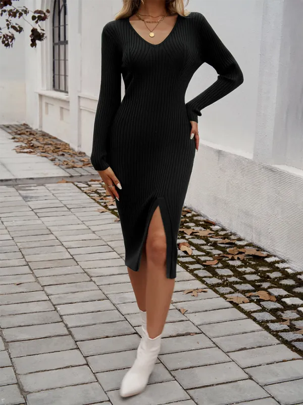 Slim-Fit V-Neck Midi Dress with Ribbed Texture and Side Slit