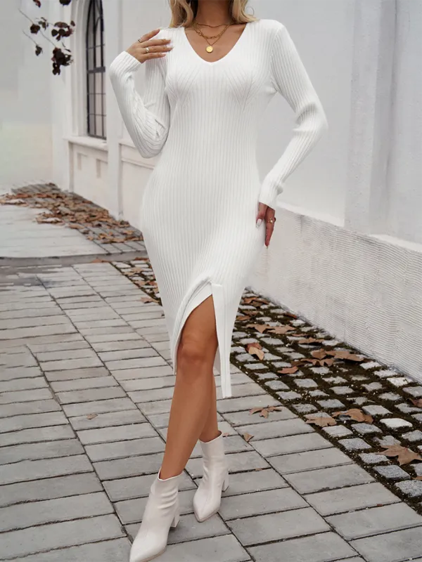 Slim-Fit V-Neck Midi Dress with Ribbed Texture and Side Slit