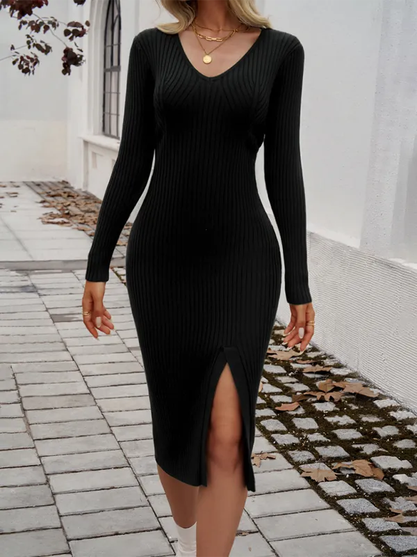 Slim-Fit V-Neck Midi Dress with Ribbed Texture and Side Slit