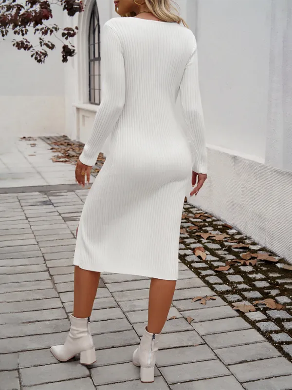Slim-Fit V-Neck Midi Dress with Ribbed Texture and Side Slit