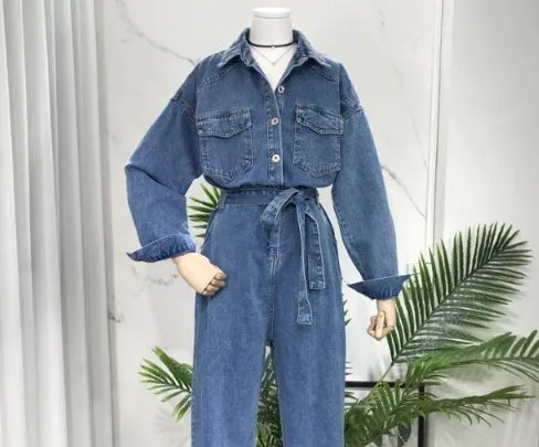 Solid Color Wide Leg Acrylic Jumpsuit Women's Long Sleeve One-piece Trousers