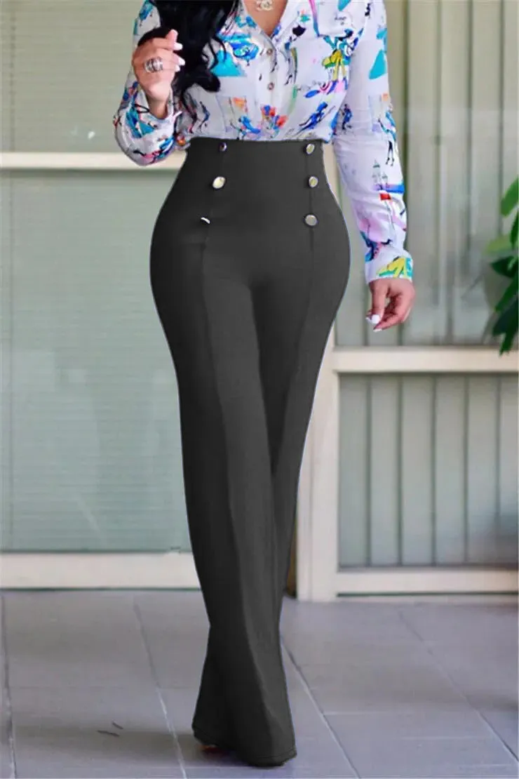 Sophisticated High-Waist Button Detail Straight-Leg Pants