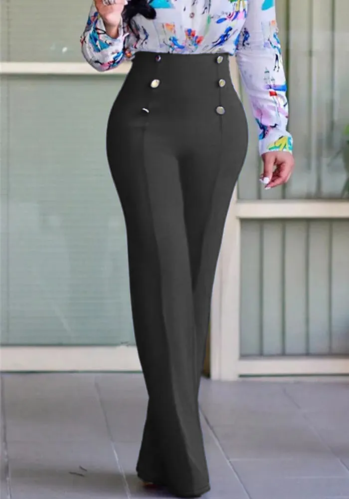 Sophisticated High-Waist Button Detail Straight-Leg Pants
