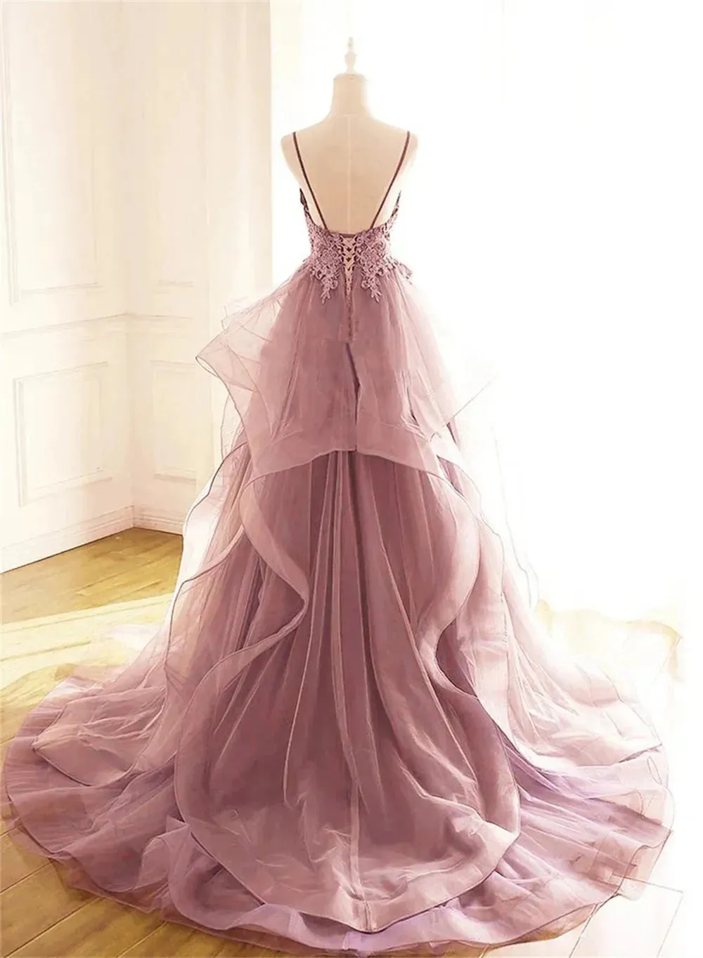 Spaghetti Strap Backless A-line Tulle Vestidos De Noche Elegant Sleeveless Floor-Length Prom Dresses