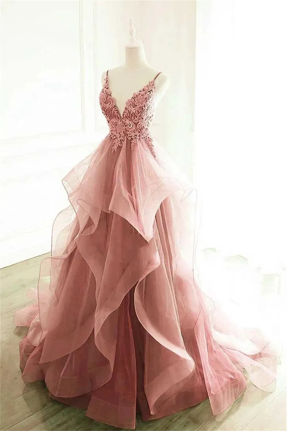 Spaghetti Strap Backless A-line Tulle Vestidos De Noche Elegant Sleeveless Floor-Length Prom Dresses
