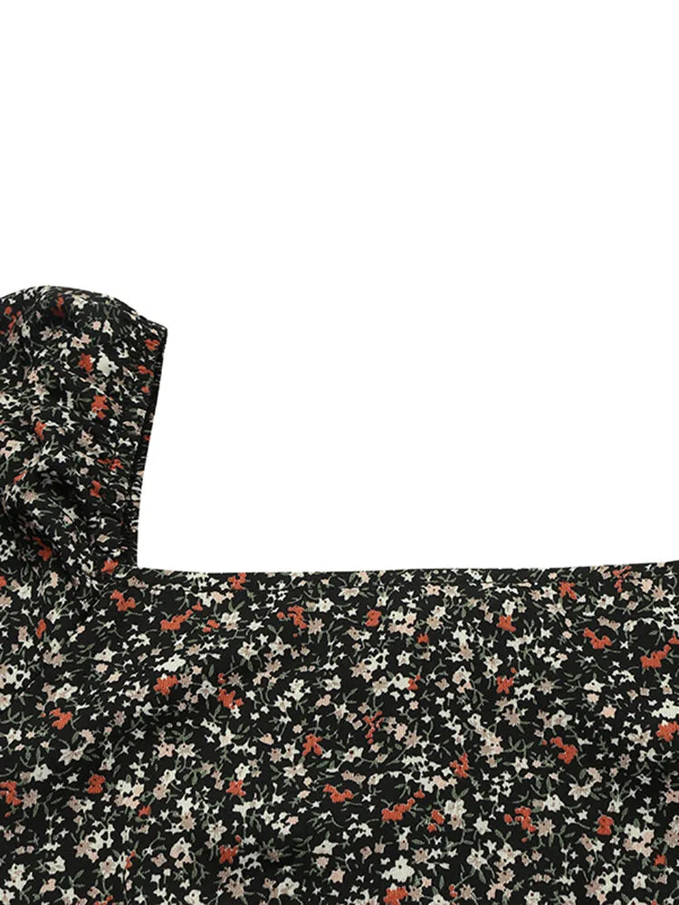 Square Neck High Split Floral Print Long Sleeve Casual Slim Fit Women Midi Dress