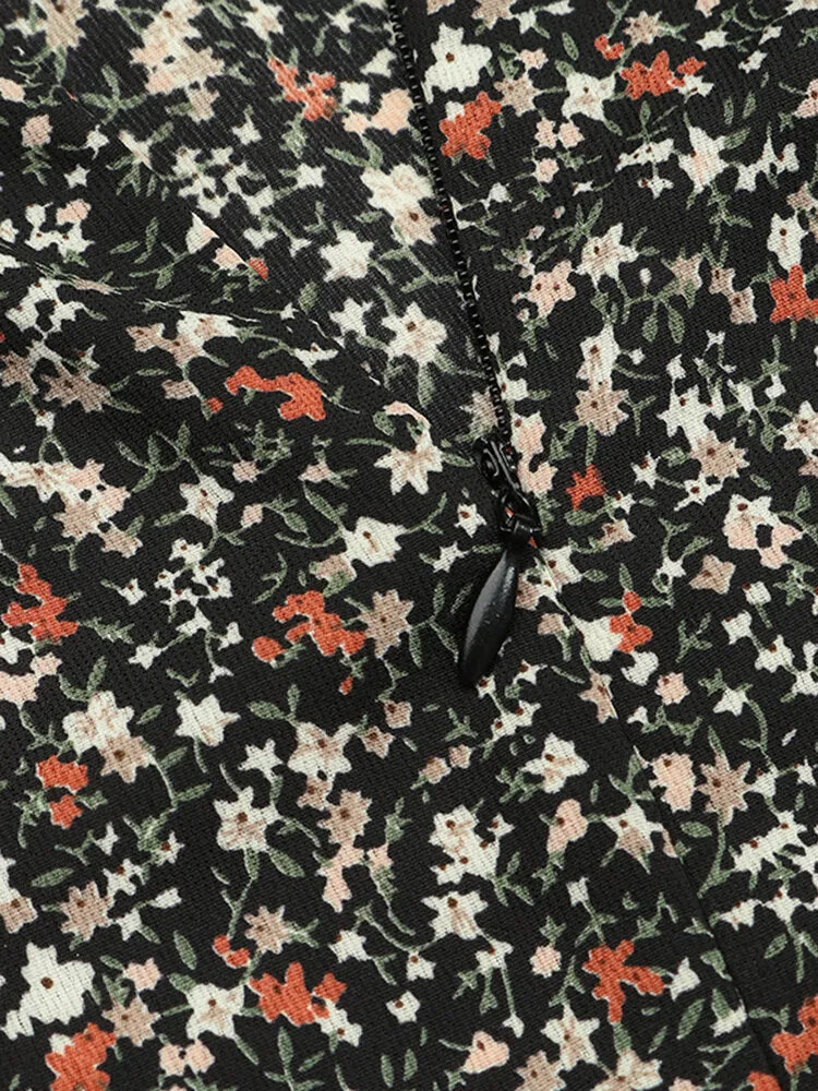 Square Neck High Split Floral Print Long Sleeve Casual Slim Fit Women Midi Dress