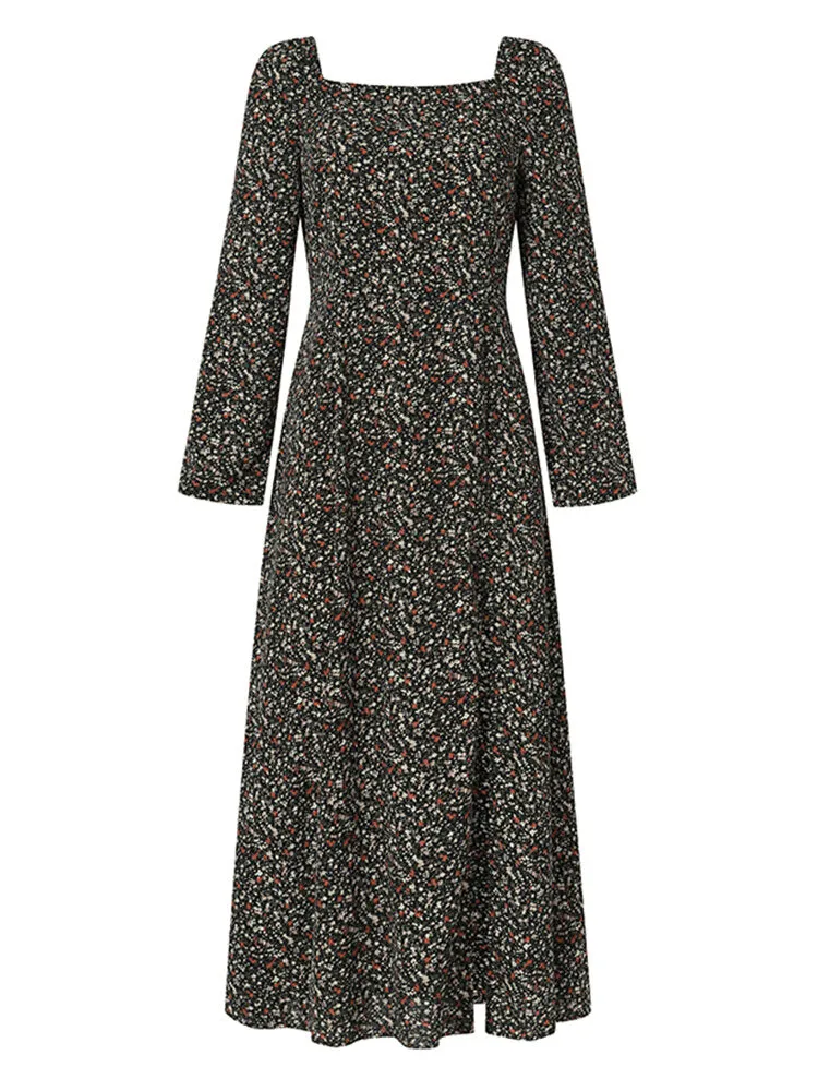 Square Neck High Split Floral Print Long Sleeve Casual Slim Fit Women Midi Dress