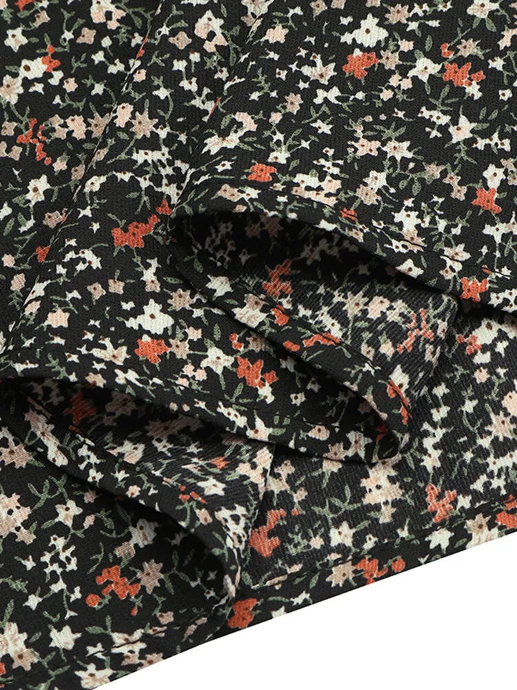 Square Neck High Split Floral Print Long Sleeve Casual Slim Fit Women Midi Dress