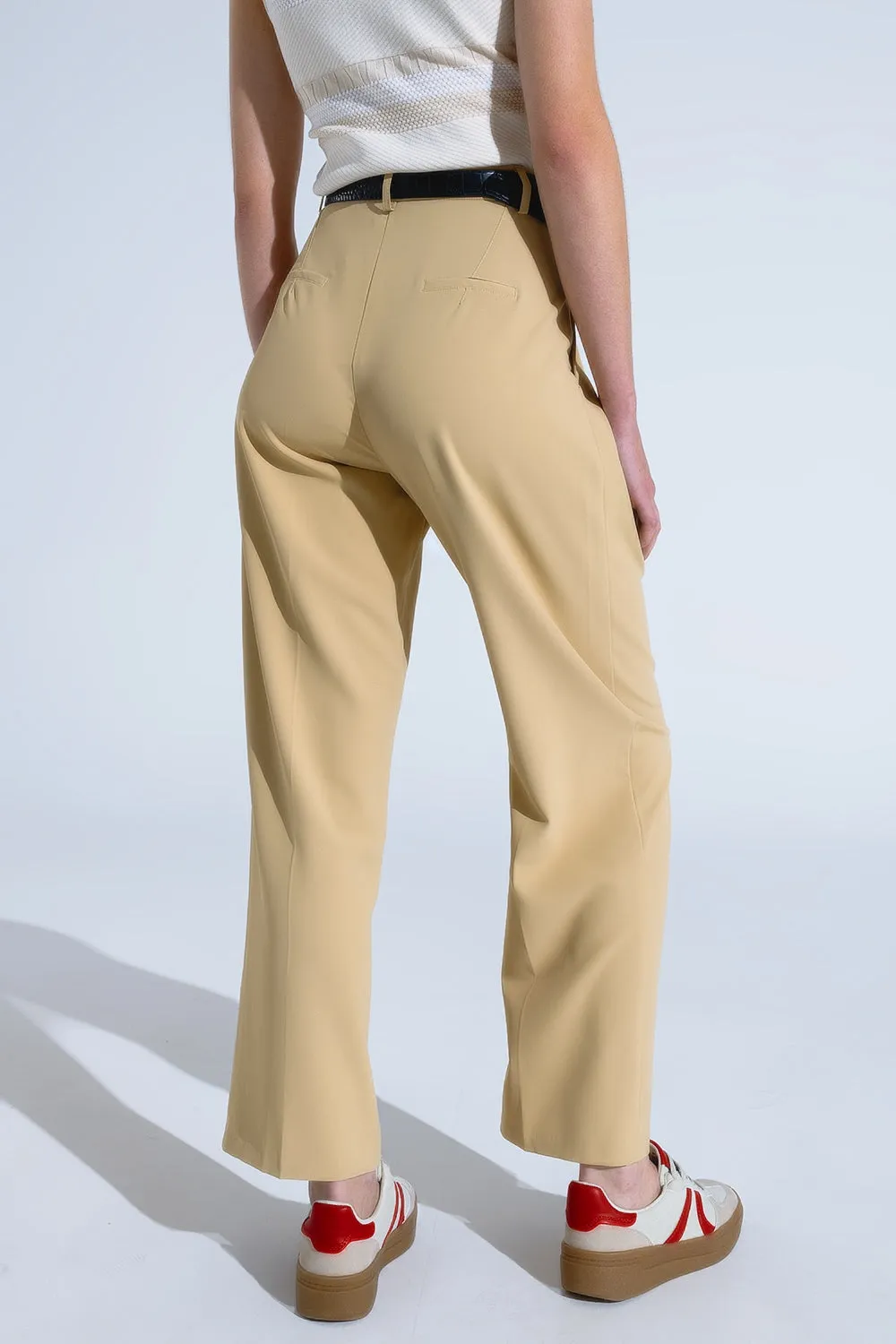 Straight Leg Trousers With Side Pockets and Darts in Beige