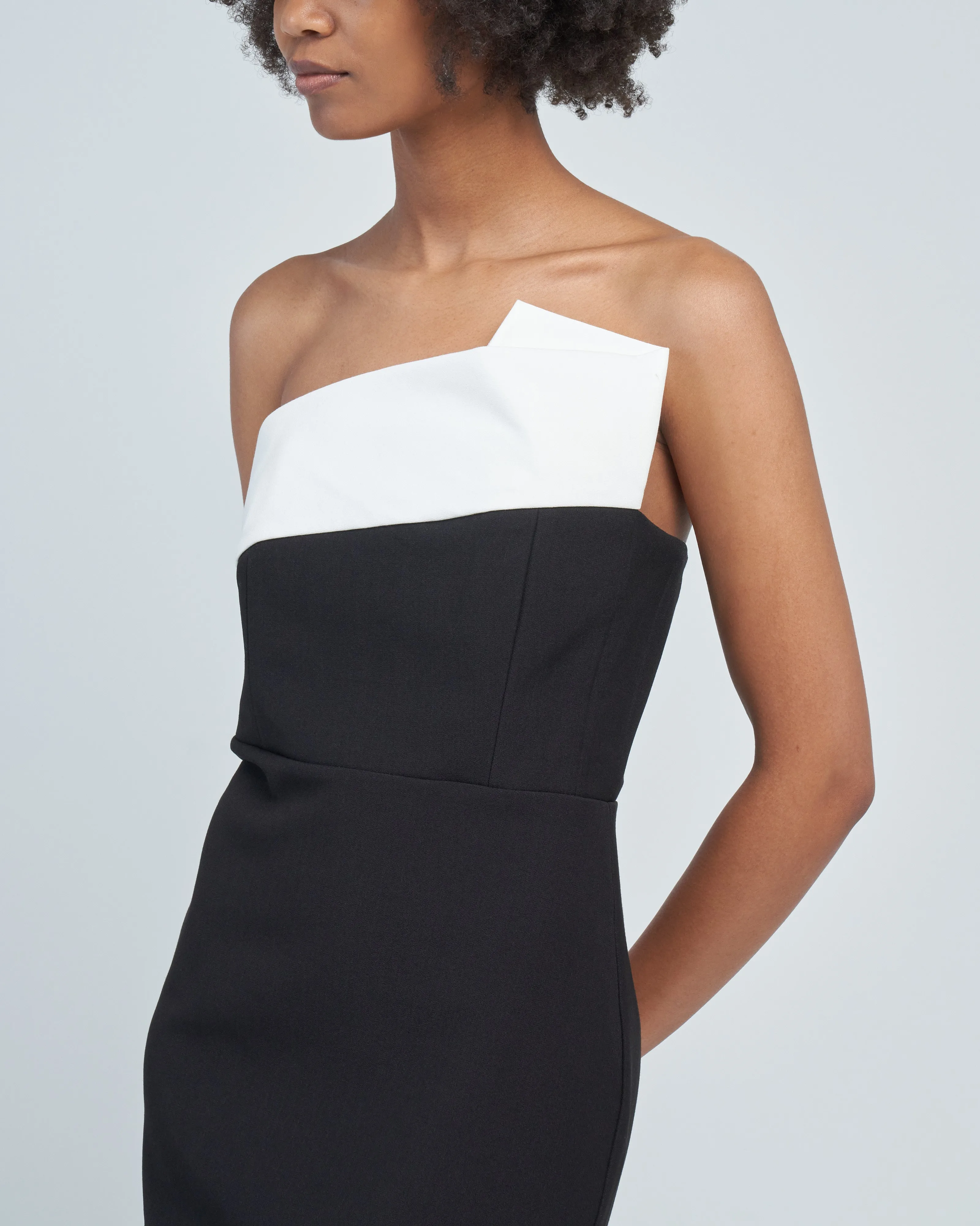 strapless crepe midi dress monochrome