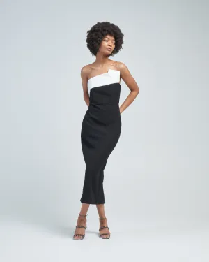 strapless crepe midi dress monochrome