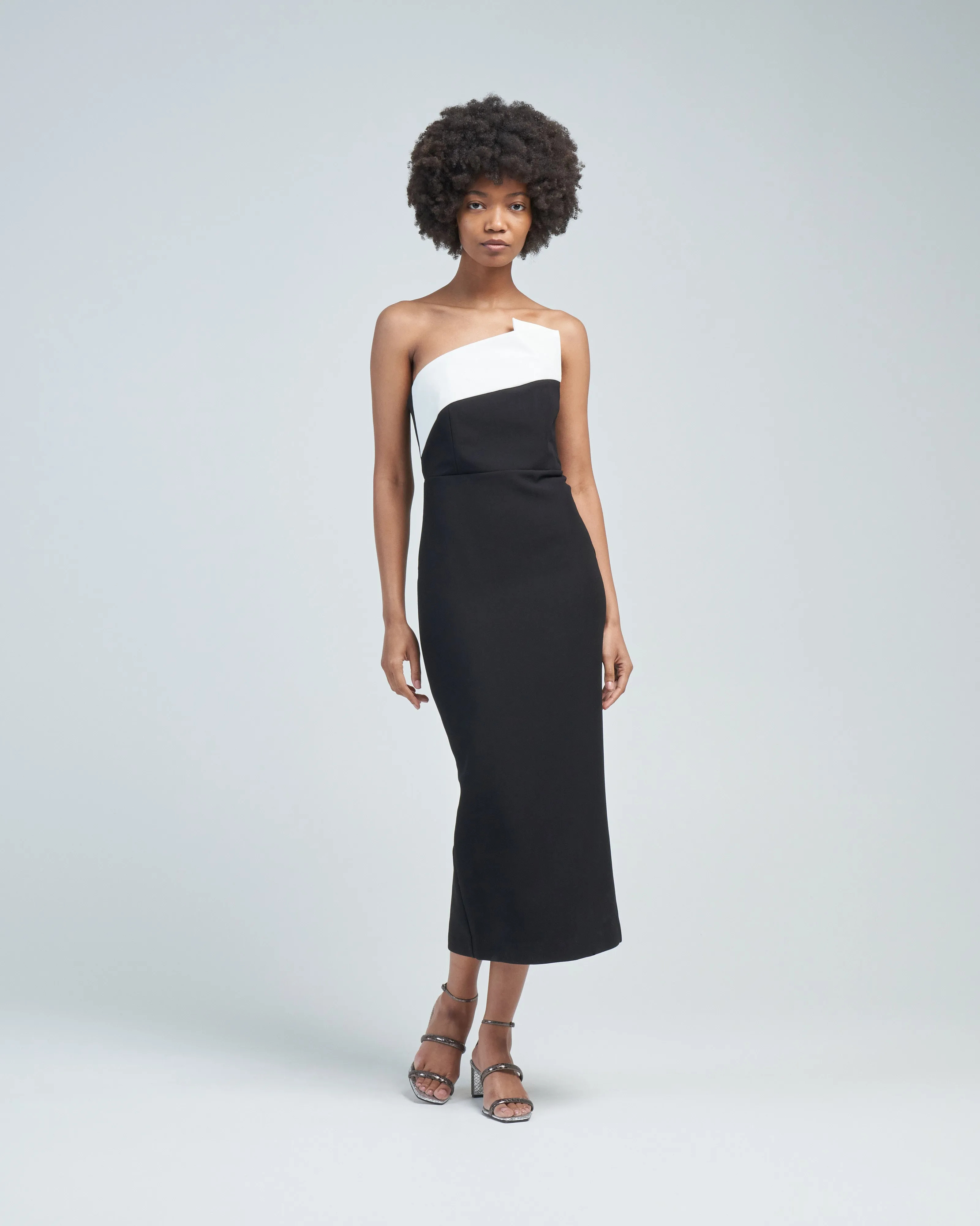 strapless crepe midi dress monochrome