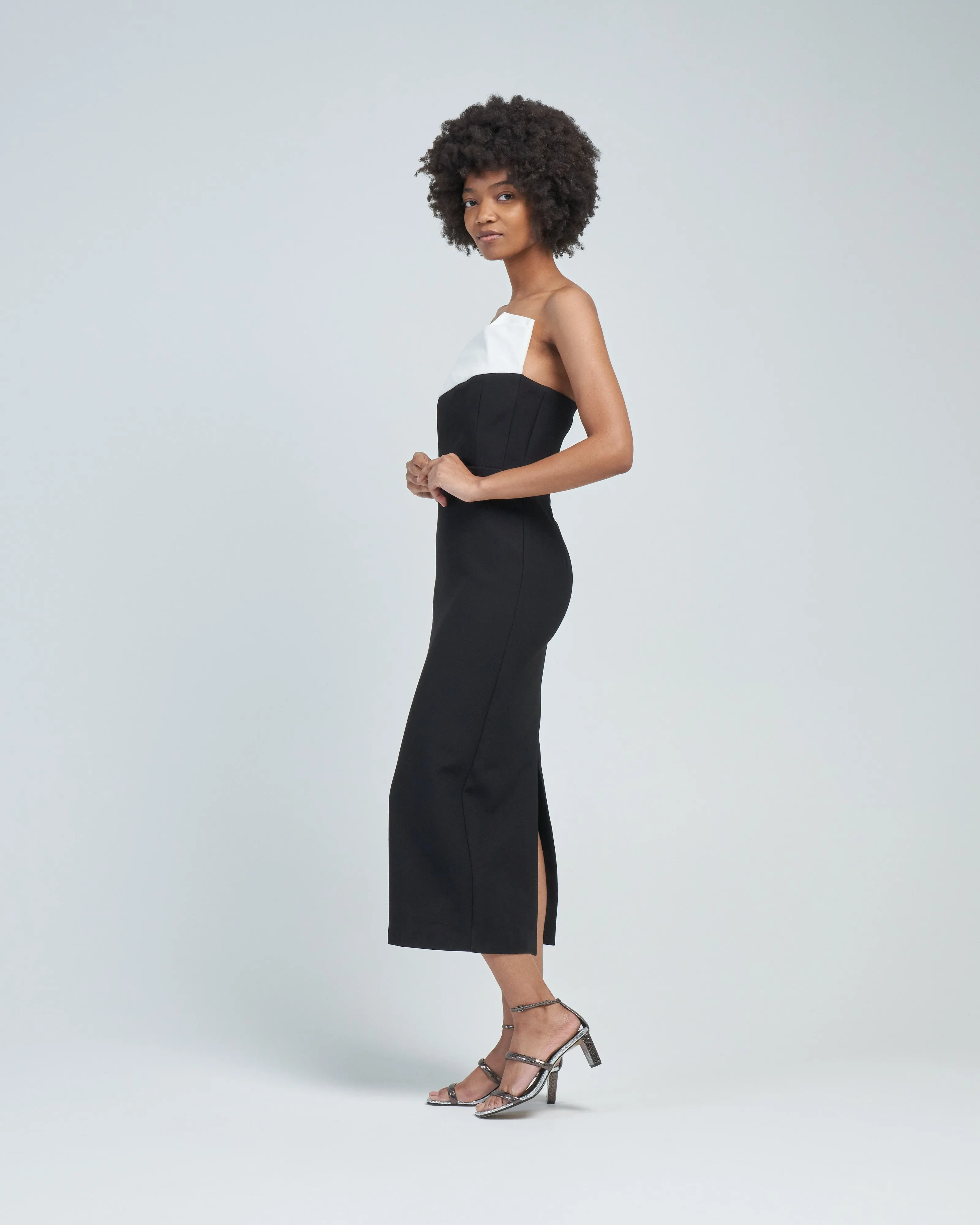 strapless crepe midi dress monochrome